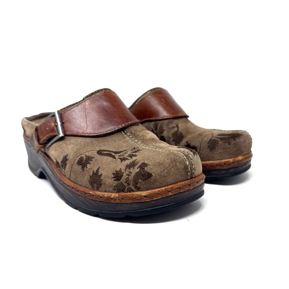 KLOGS AUSTIN Open Back Shoes Womens Sz 8 Taupe Tapestry Suede Leather Clogs
